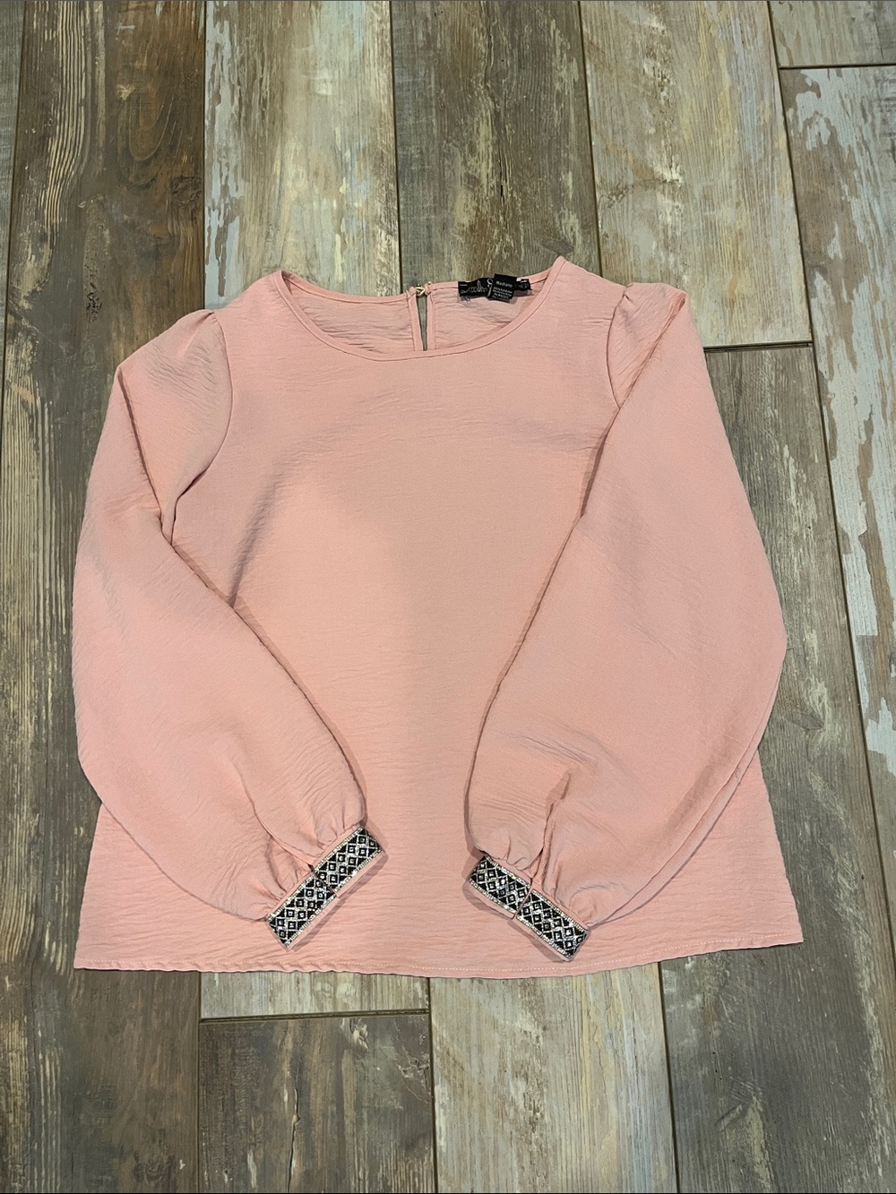 Women's Pink Long-Sleeve Textured Blouse with rhinestone cuffs